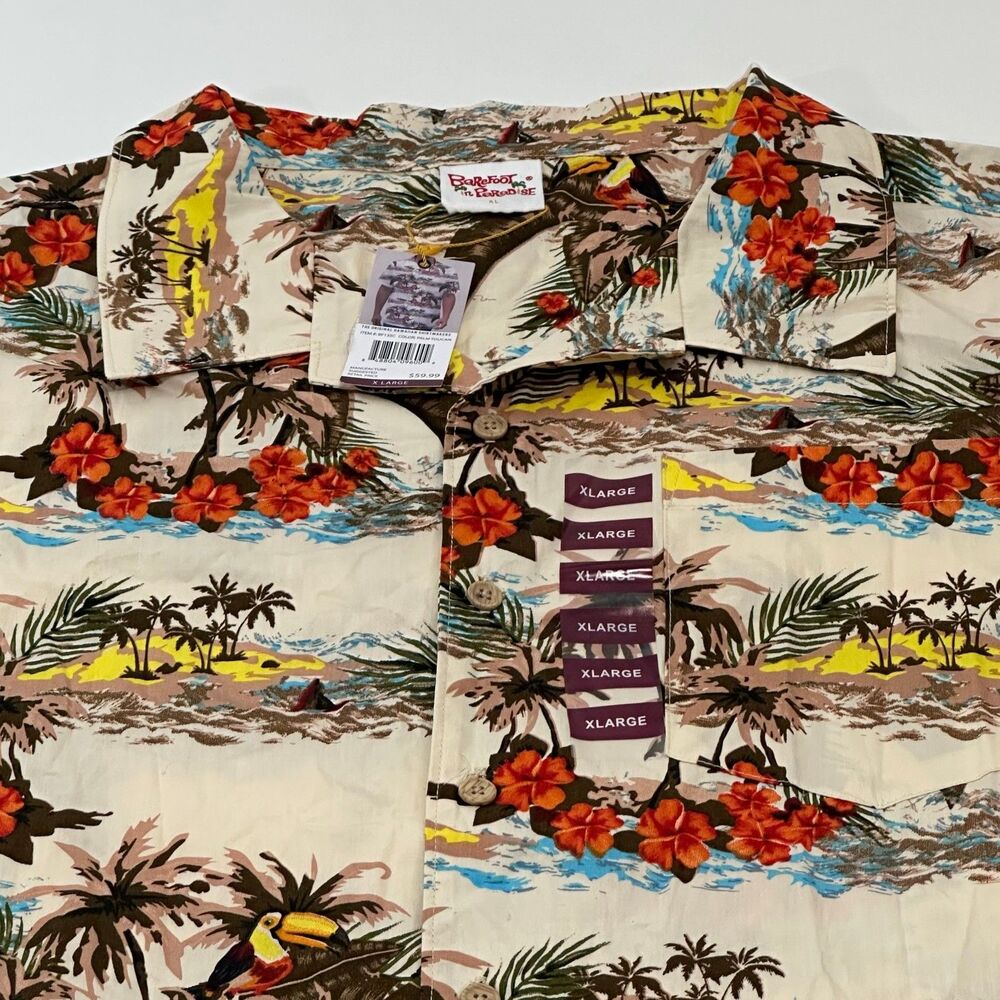 Barefoot In Paradise XL Palm Toucan Mens Hawaiian Button Down Short Sleeve NWT